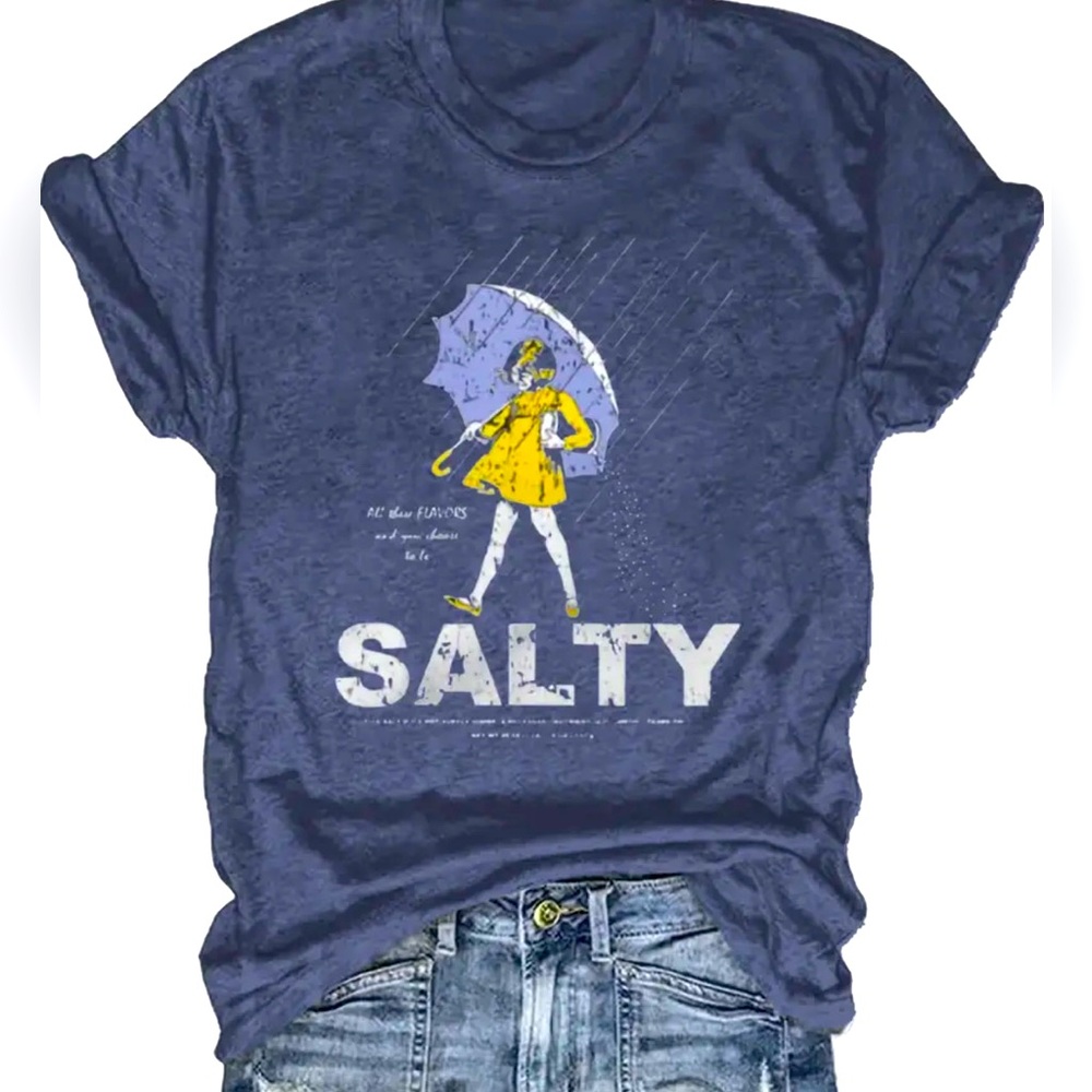 Blue Salty Graphic Tee with Yellow and White Design. Ladies Cotton,Poly,Spandex - Picture 2 of 9